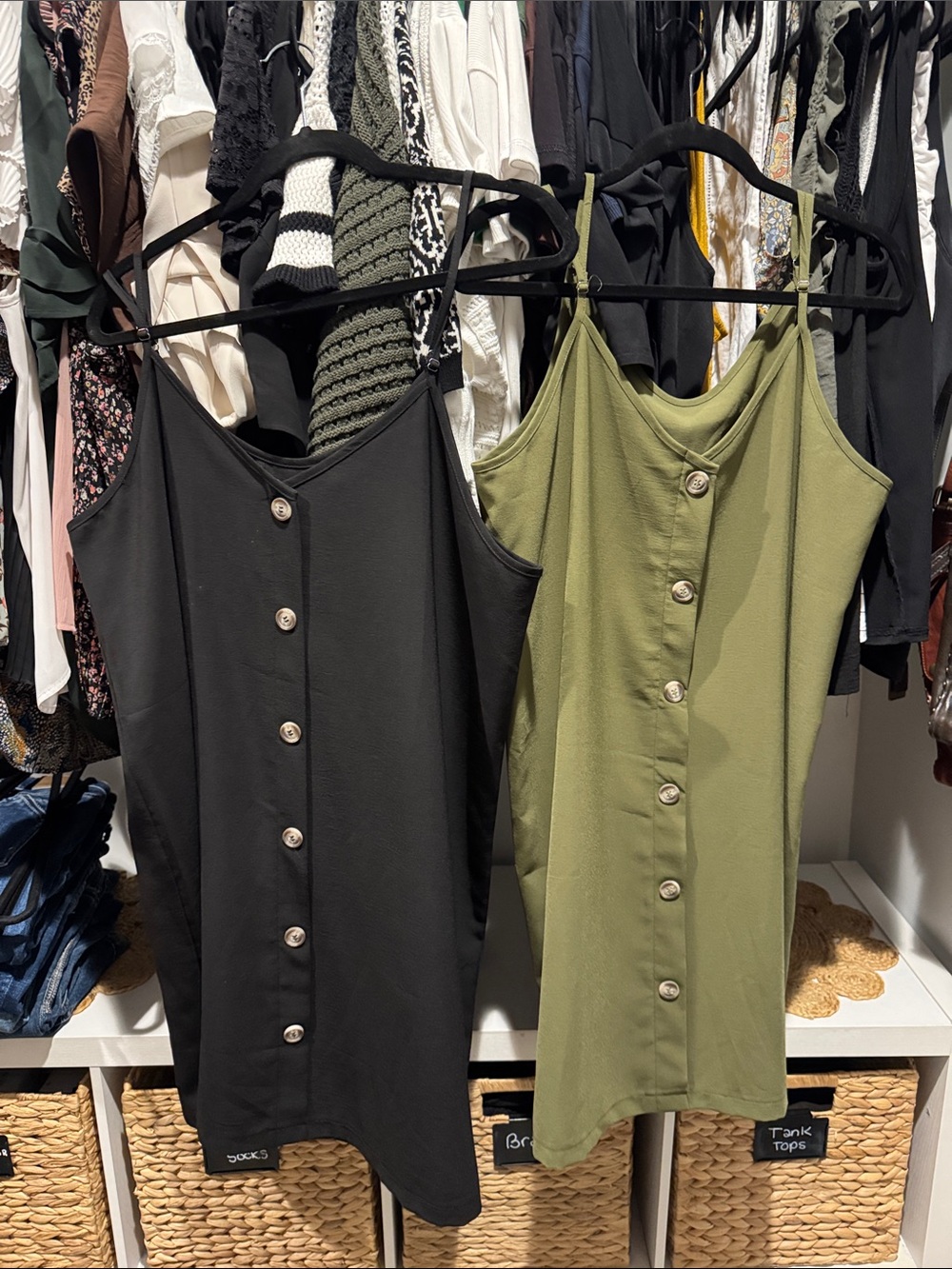 Button-Front Spaghetti Strap Tank Dress - Black and Olive